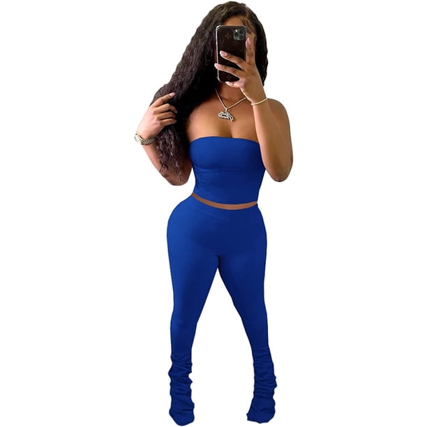 "Conjunto de dos piezas para mujer, tela de algodón cruzada, parte inferior larga, pantalones fruncidos, pantalones de pelo de dos piezas, azul, L" Xishao ropa