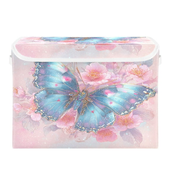 Large Collapsible Storage Box Flip Lid Fabric Decorative Organizer Container Basket with Handles 16.5×12.6×11.8in Bright Blue Butterfly