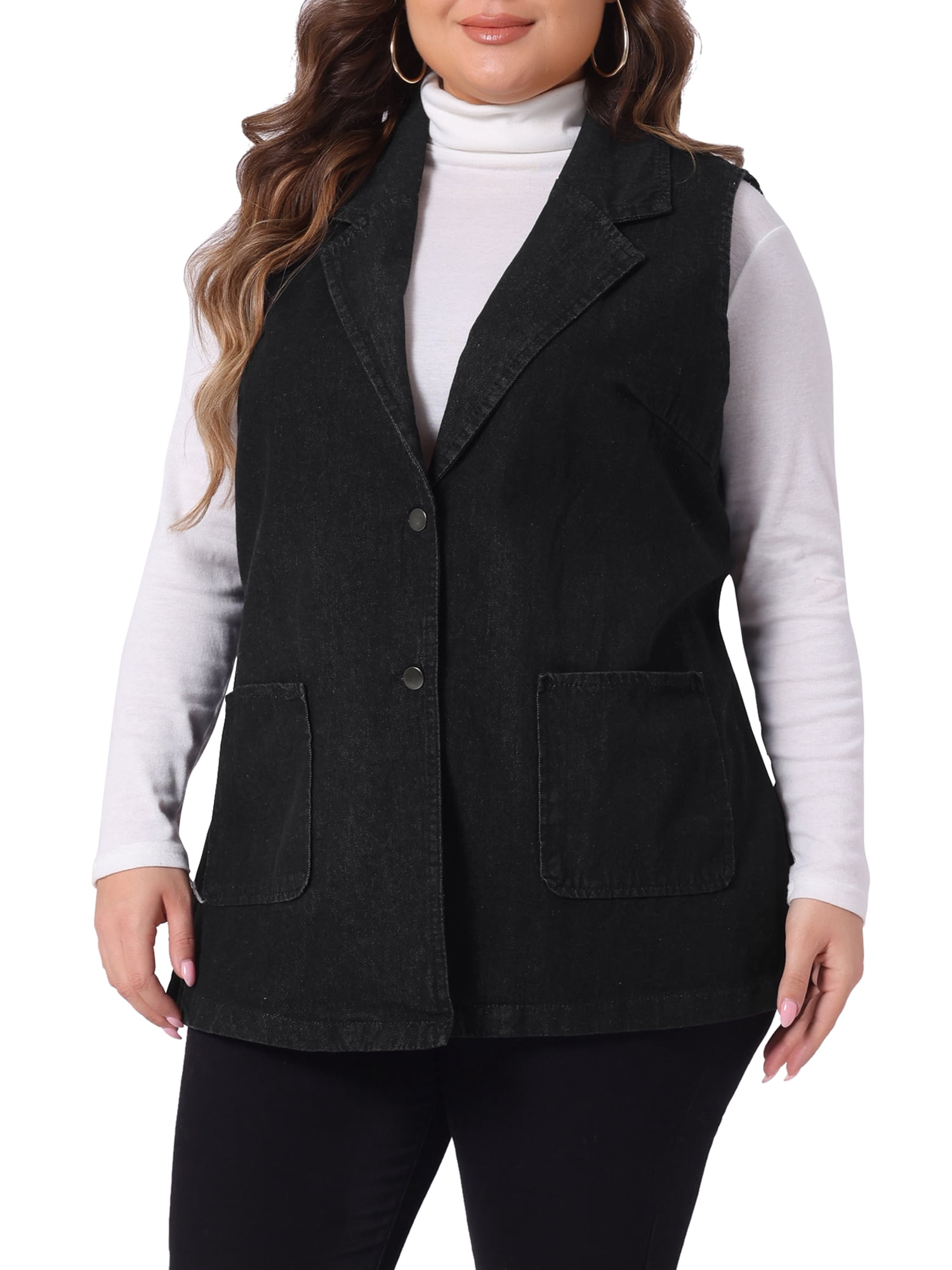 Unique Bargains Women's Plus Size Dressy Sleeveless Long Jean Jacket 2X Black