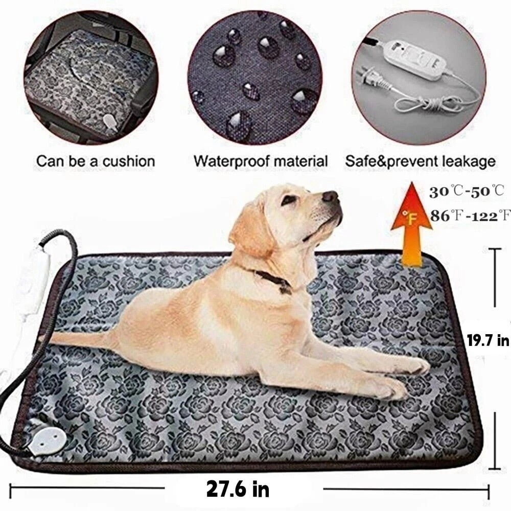 Large Heated Cat Bed 28 x 20 inch, Waterproof Adjustable Temperature Dog Cat Heating Pad, Indoor Pet Heating Pad