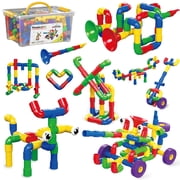 PicassoTiles 136PCS Pipe Tube Wheel Construction Building Blocks Set – STEM Educational Toy for Kids
