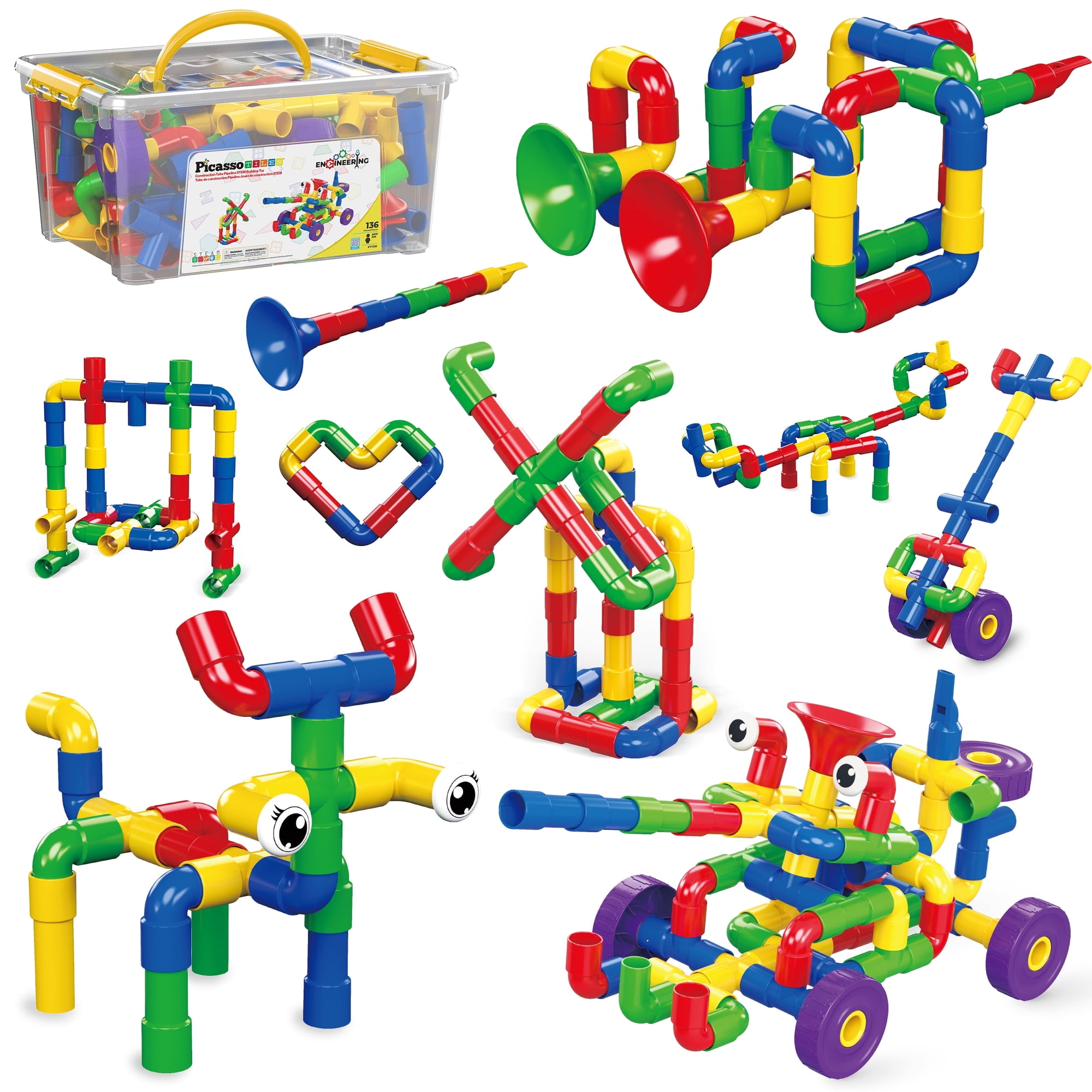 PicassoTiles 136PCS Pipe Tube Wheel Construction Building Blocks Set – STEM Educational Toy for Kids