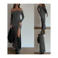 thumbnail image 5 of Women Off the Shoulder Long Dress Elegant Long Sleeve High Slit Bodycon Maxi Dress Club Streetwear, 5 of 6