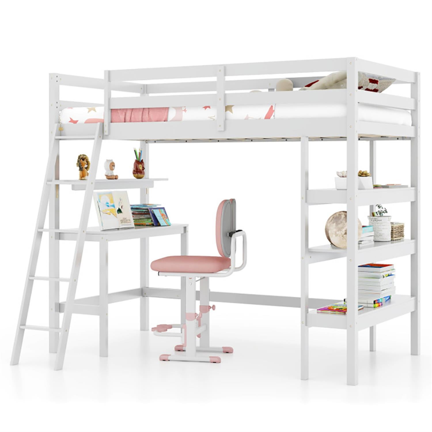 Demi Bonn Loft Bed Twin Size, Solid Wood Loft Bed with Desk and Bookshelves, Modern Wooden Bed Frame for Teens, White