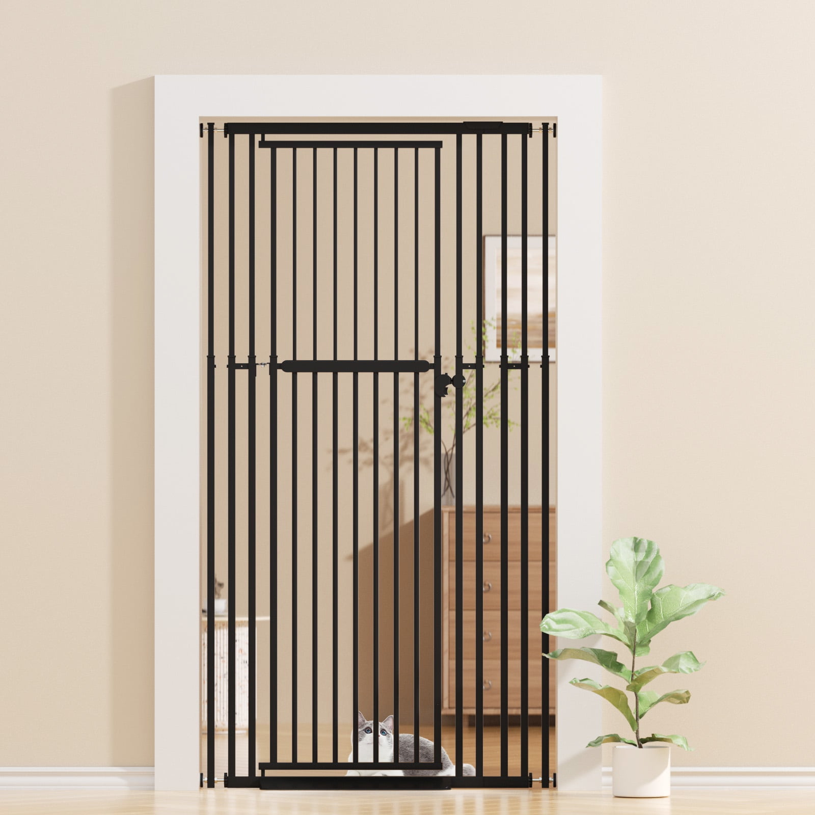 KORIMEFA 47.24"-87" Extra Tall Cat Gate with Wide Adjustable 27.56"-37" Pet door Pressure Mounted Safety Full Door Gate for Stairs, Hallway, Kitchen, Doorway, Black
