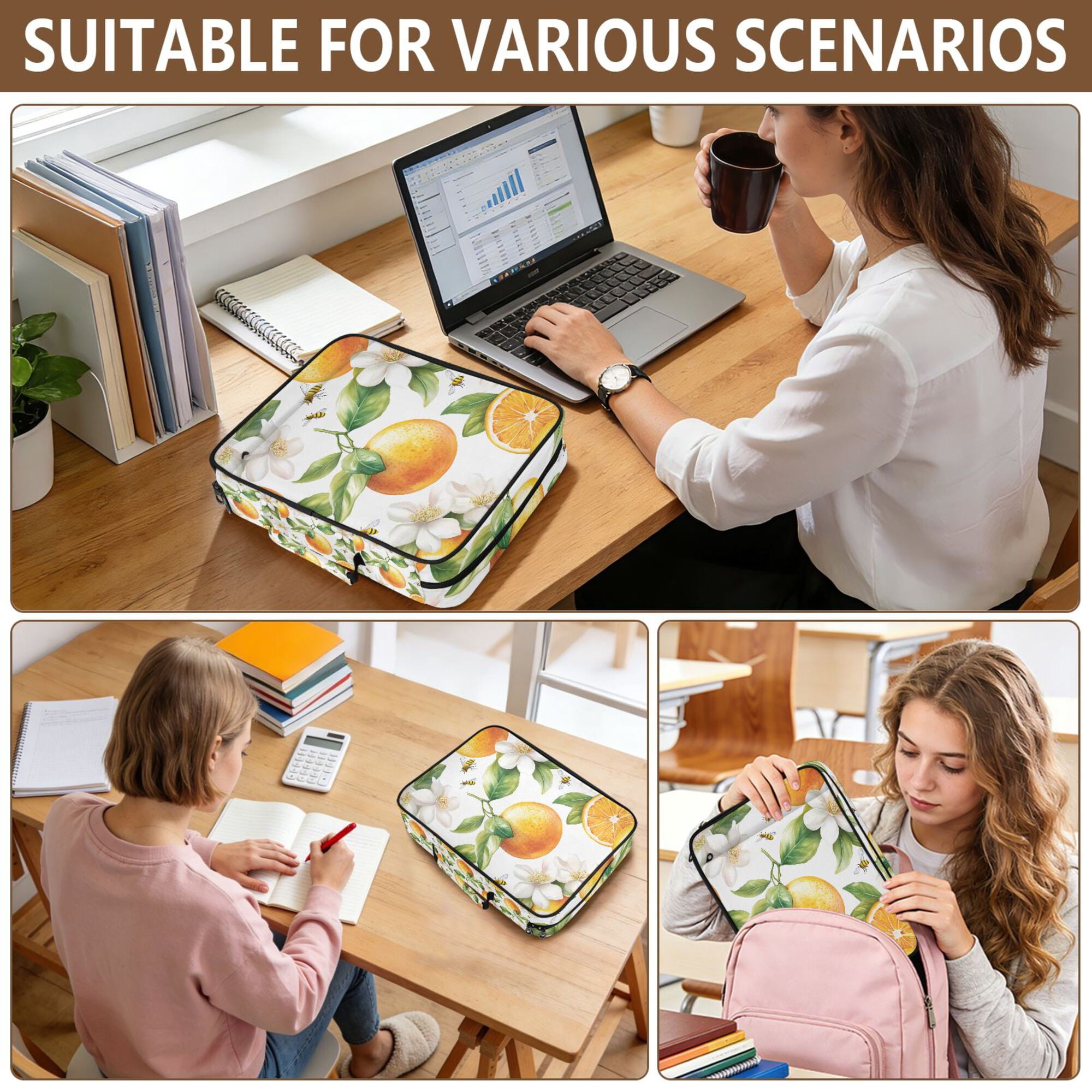 FORMRS Accordion File Folder A4 Size 7-Pocket Expanding Document Organizer Bag with 3 Ring Binder, Floral Watercolor Oranges