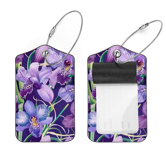 PhooArto 2 Pcs Luggage Tags, Purple Orchid Flower Pattern Privacy Cover ID Label with Stainless Steel Loop and Address Card for Travel Bag Suitcase
