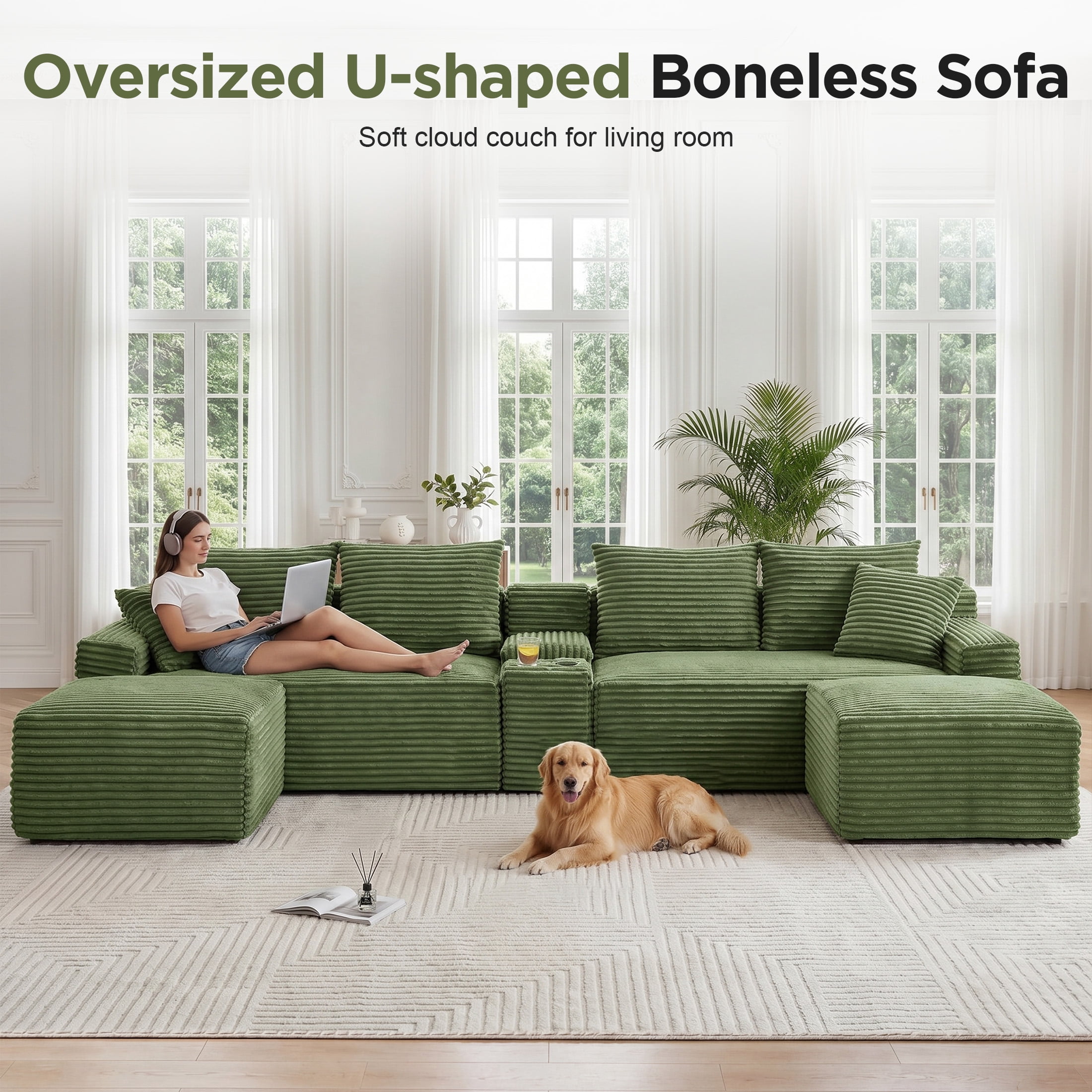 Aenkyo 127" Corduroy U-Shaped Modular Sectional Sofa with Storage Console and Cup Holder, Green