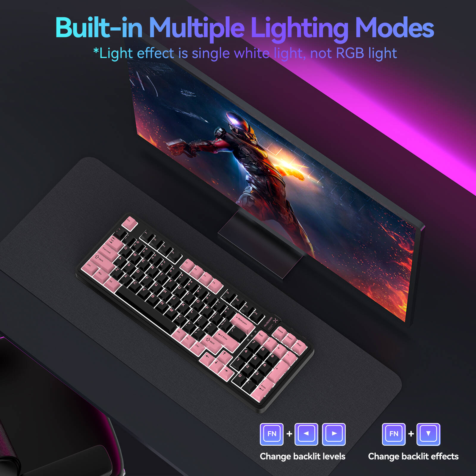 AUSDOM 98Pro Wireless Mechanical Keyboard - 97 Keys, Silent Tactile Switches, Tri-Mode (Bluetooth/2.4GHz/USB-C), Hot Swappable, White Backlit, Gasket Structure, PBT Keycaps (Black & Pink Silent)