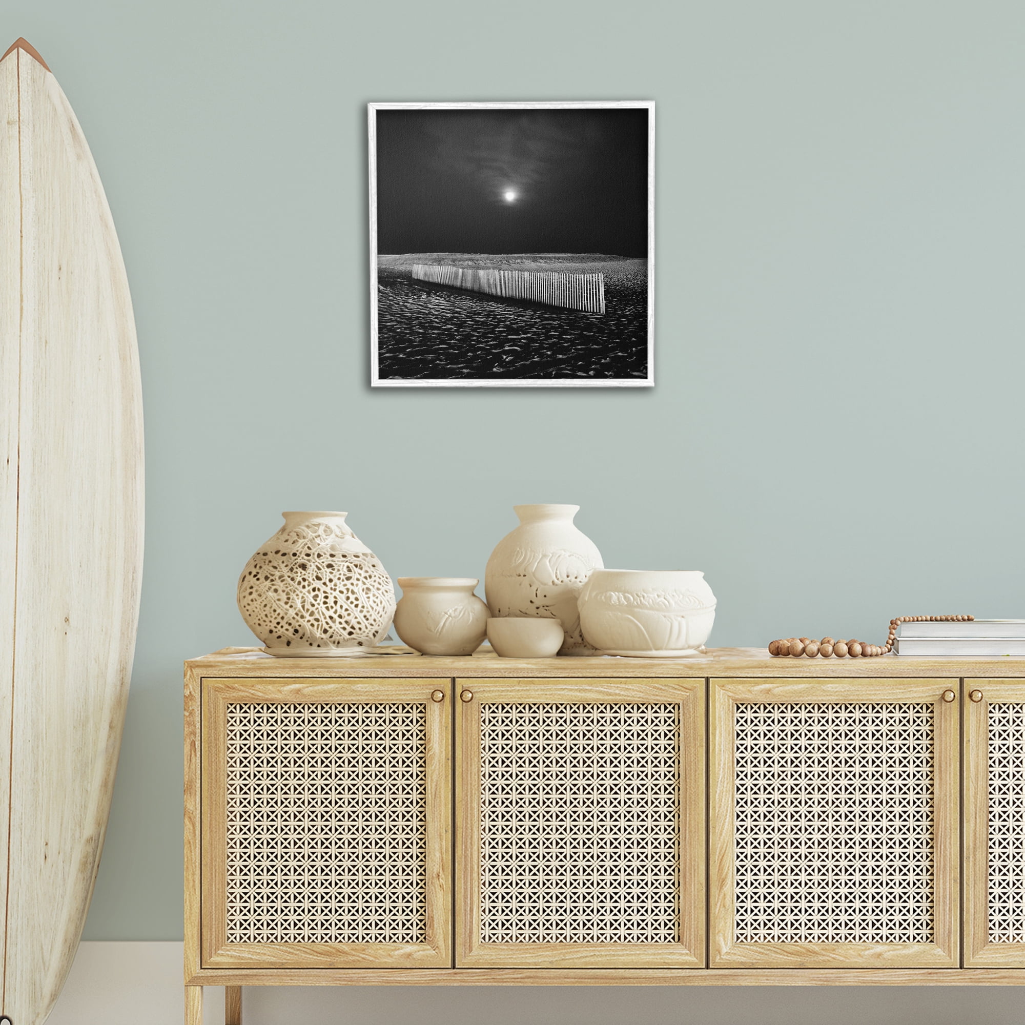 Stupell Industries Beach Fence at Night Coastal Photography White Framed Art Print Wall Art, 24 x 24
