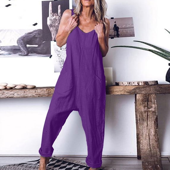 Linen Jumpsuits for Women Summer 2023,Women Casual Loose Long Bib Pants Wide Leg Jumpsuits Baggy Cotton Rompers Overalls with Pockets