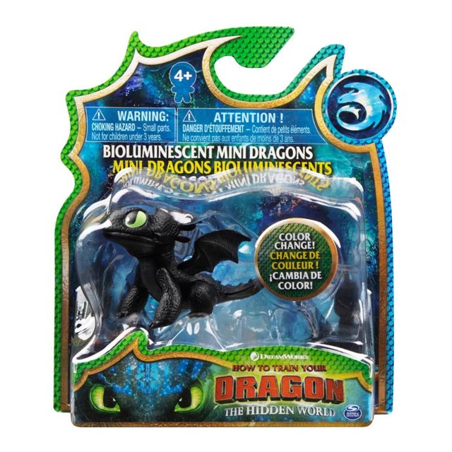 Mini Dragón Bioluminiscente Spin Master Cómo Entrenar a tu Dragón Chimuelo 6.2 Pulgadas, figura de acción negra con textura escamosa y ojos verdes que cambia de color en agua caliente, ideal para niños mayores de 4 años y coleccionistas de figuras de acción y juguetes de aventuras.