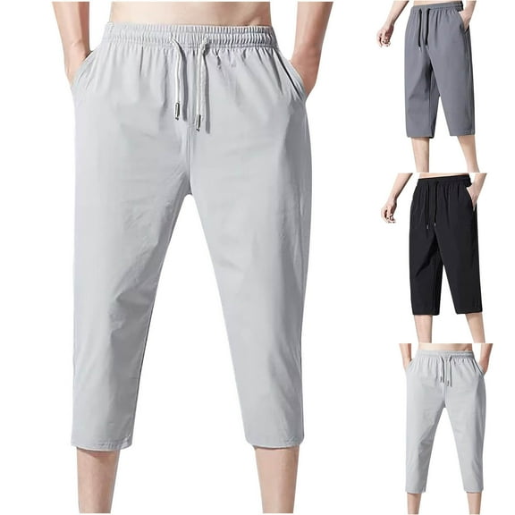BXINGOHAI Men's Capri Pants Casual Lightweight Pants Drawstring Elastic Waist Beach Yoga Pants with Pockets Gray 2XL