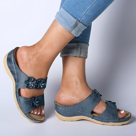 Mortilo Women s slipper Sandals for Women Flats Open Toe Thick Bottom Comfortable Shoes Wedges Slippers dress shoes for women 36 Blue
