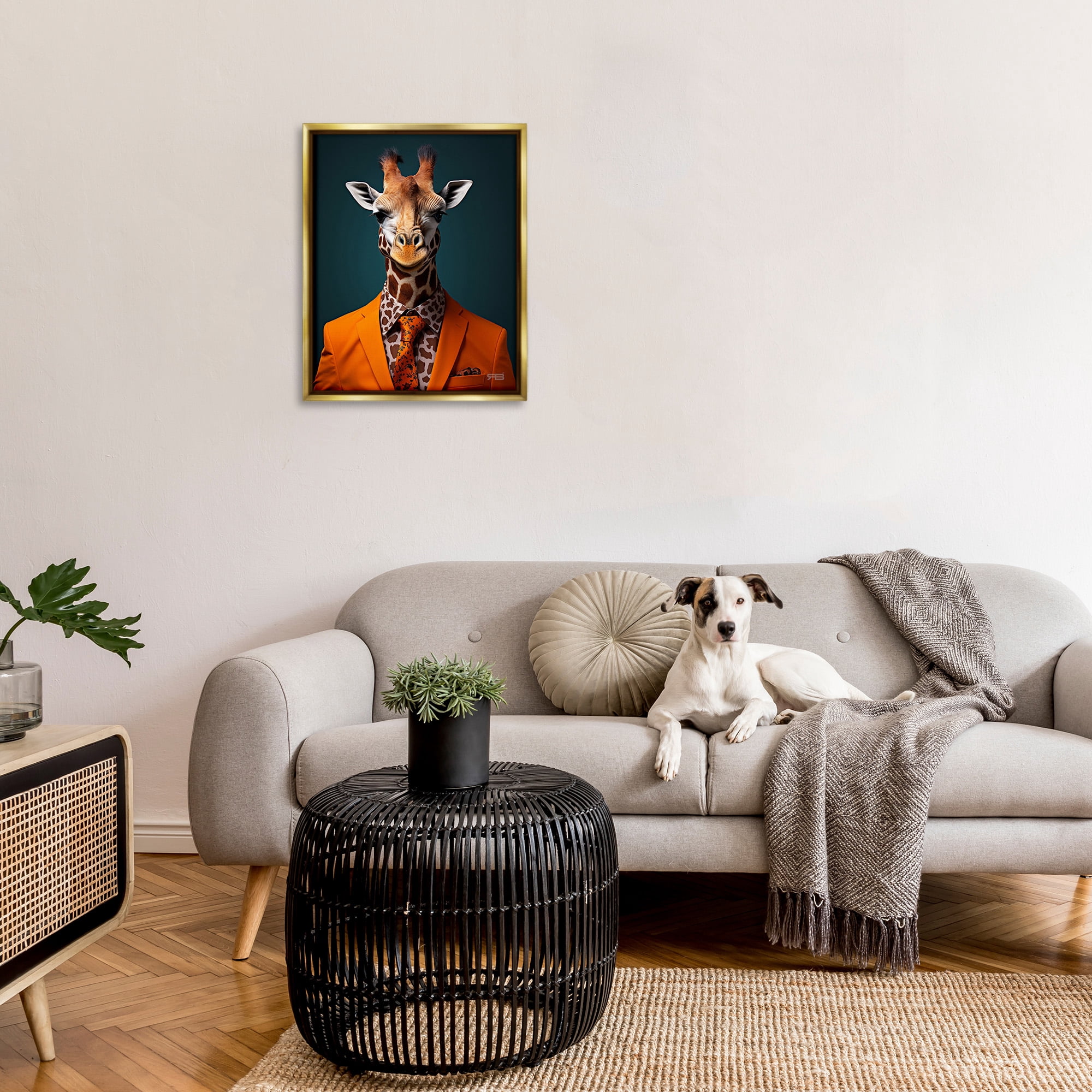 Stupell Industries Giraffe in Formal Suit Animals & Insects Painting Gold Floater Framed Canvas Art Print Wall Art, 25 x 31