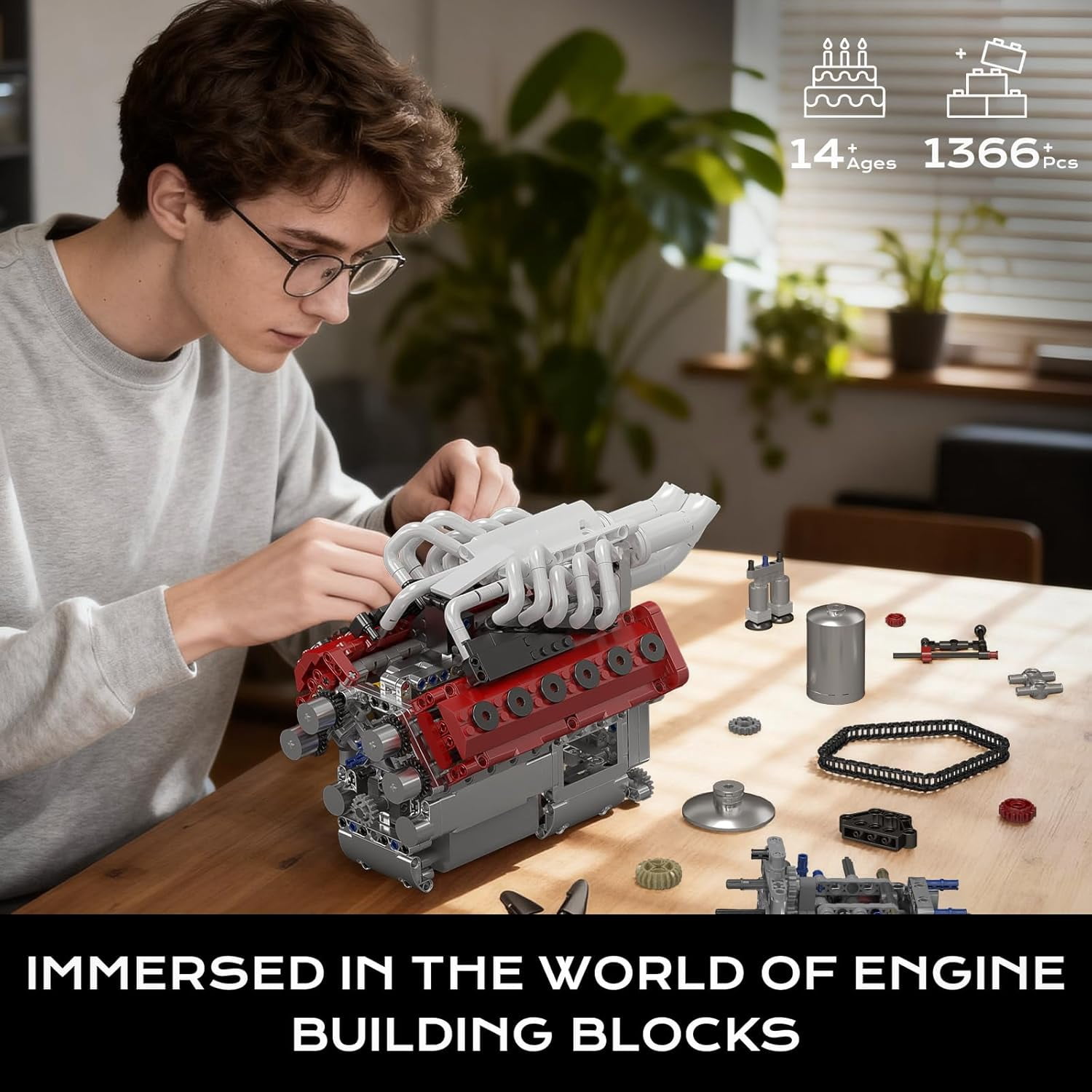 SEEMEY  10210 V12 Engine Model Kit that Works, Build Your Own Mini Car Engine Replica, Engeering STEM Toys for Adults, Home or Office Décor (1366 Pcs)