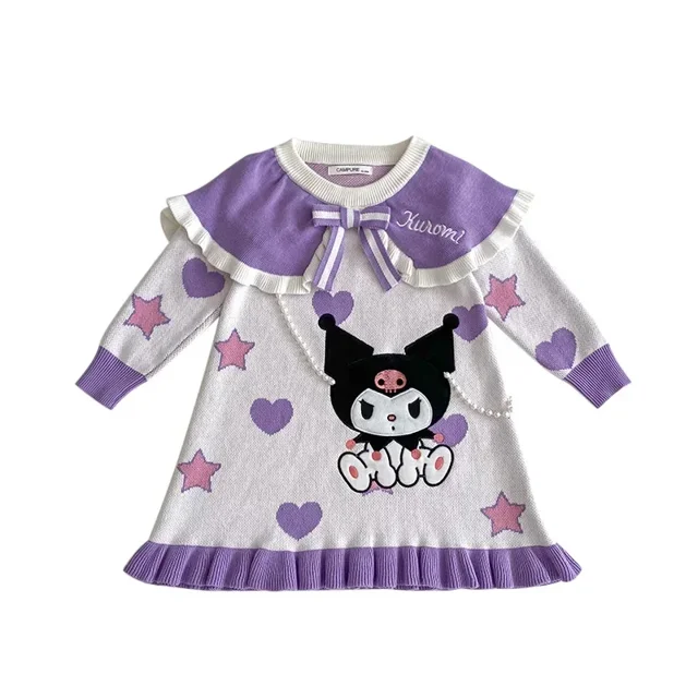 Kuromi Vestido de punto para niños, ropa de otoño, estrella de cinco puntas, bordado de amor, lazo, Princesa, fiesta de navidad