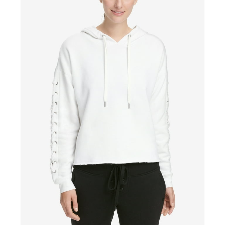 DKNY Womens Logo Lace Up Sleeve Cropped Hoodie;Large