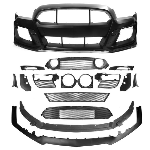 Ikon Motorsports Front Bumper Cover Conversion Replacement W/ Mesh Grille & Front Bumper Lip & Winglets Compatible with 2013-2014 Ford Mustang Base & GT PP - Polypropylene GT500 Style