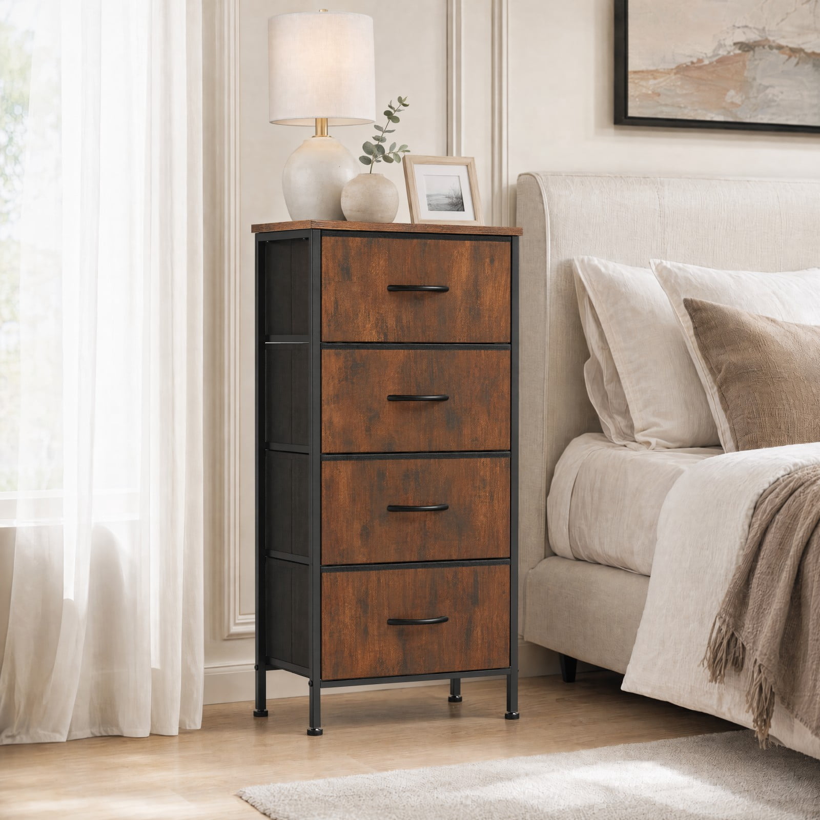 Telyra 4-Drawer Fabric Dresser 37.4" Tall Storage Tower with Wood Top and Steel Frame Narrow Organizer, Rust