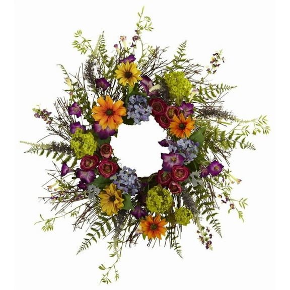 Nearly Natural 24" Spring Garden Artificial Flower Wreath with Twig Base, Multicolor