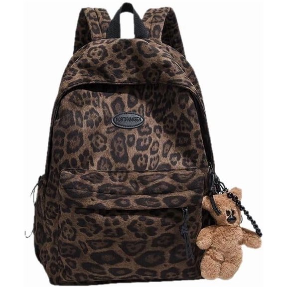 Sunyuer Women Vintage Leopard Print Backpack, Large Capacity Lightweight Laptop Bookbag, Aesthetic Canvas School Backpack for College Students, Casual Travel Daypack with Cute Plush Bear Pendant