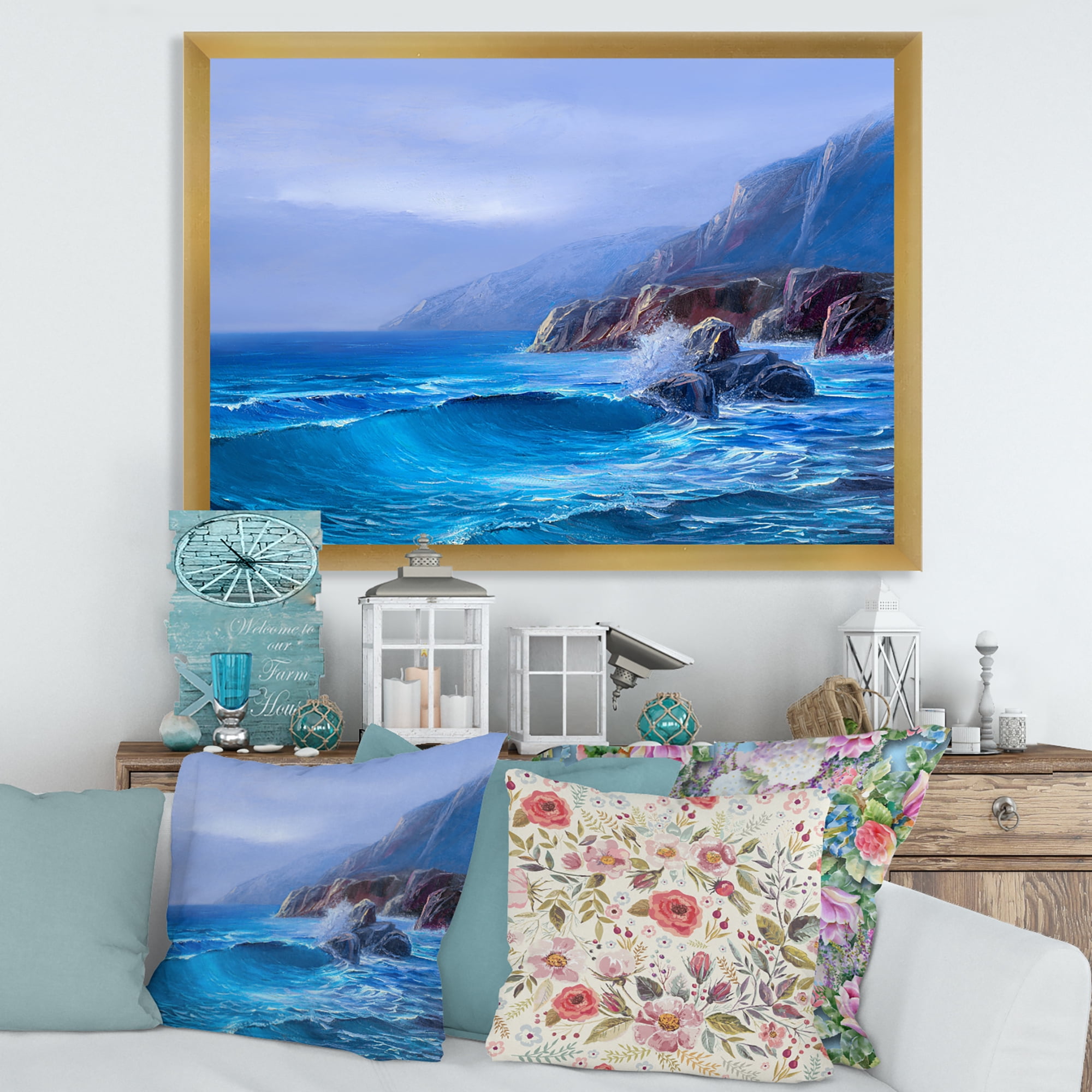Sunrise Glow On Sea Wave Paints On A Canvas 32 in x 16 in Framed Painting Canvas Art Print, by Designart