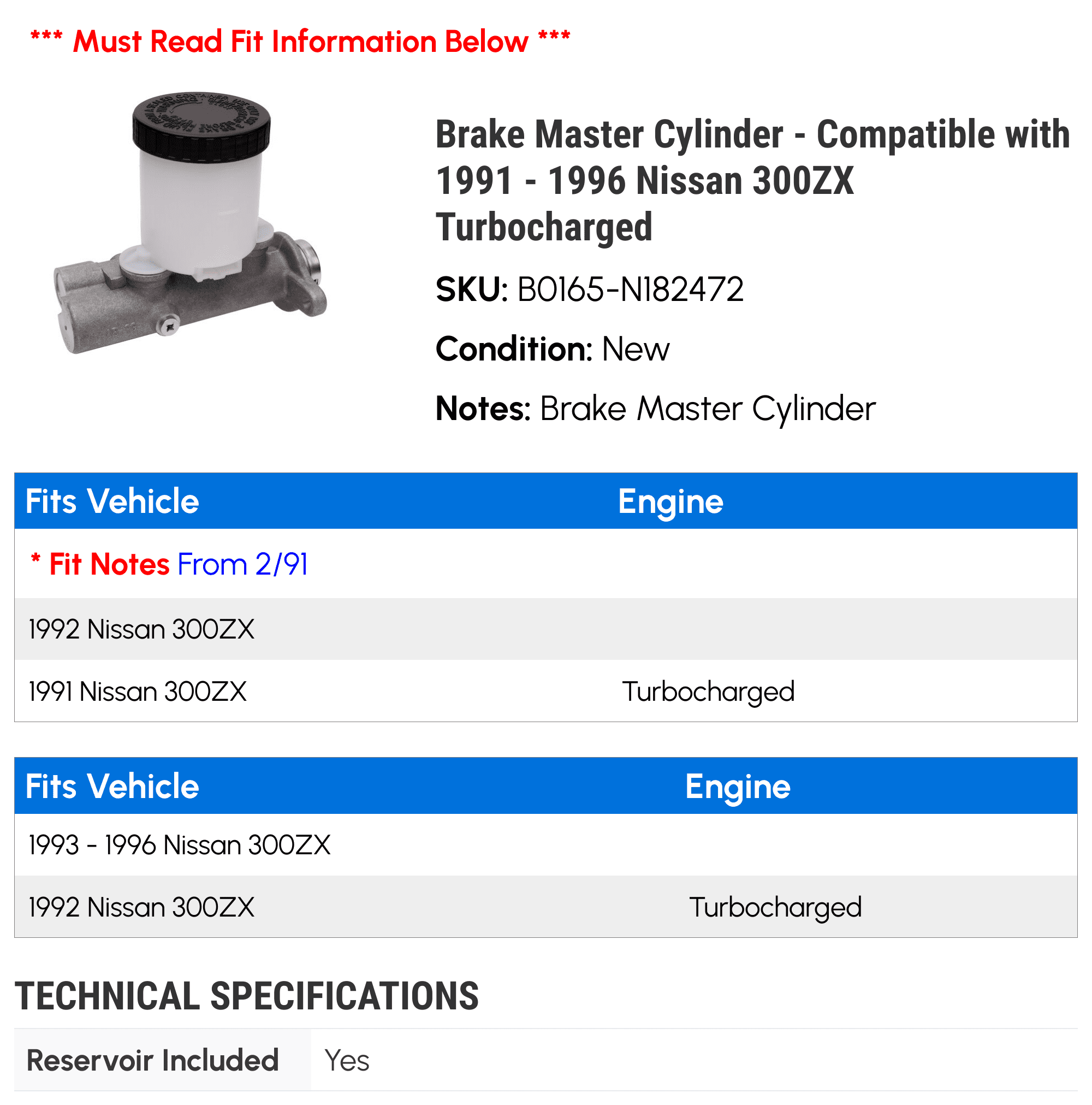 Brake Master Cylinder - Compatible with 1991 - 1996 Nissan