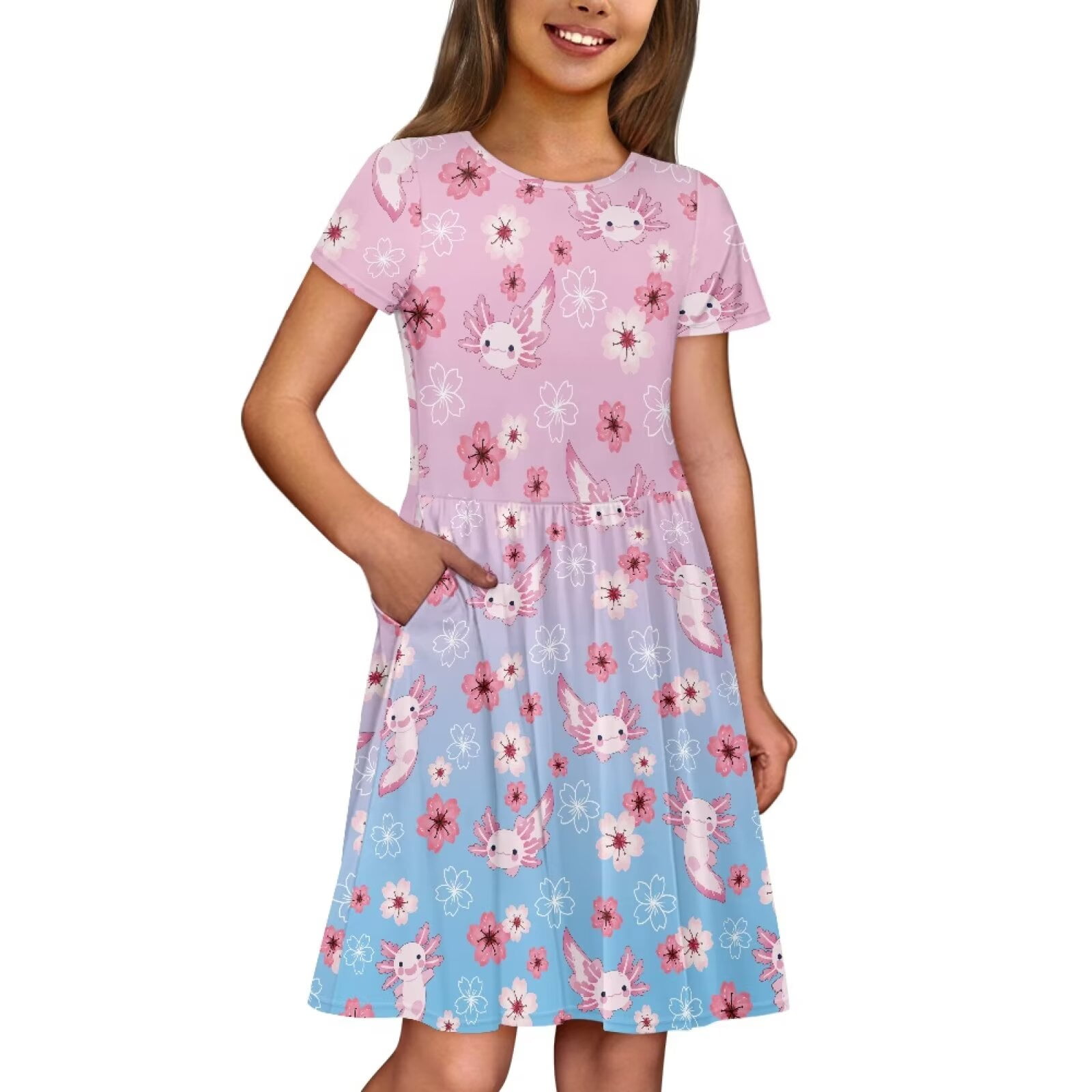 Uourmeti Axolotl Kids Twirly Swing Dress for Girls Cute Short Sleeve Skater Dresses Summer Soft Crew Neck Knee Length A-Line Dress with Pockets for Casual School