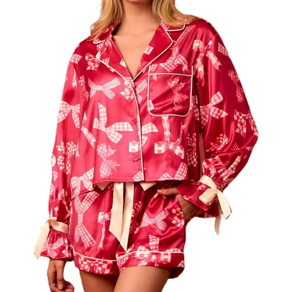 Women Holiday Party Pajamas Cute Satin Silk PJs 2 Piece Outfits Long Sleeve Button Down Shirt Lounge Shorts Sets