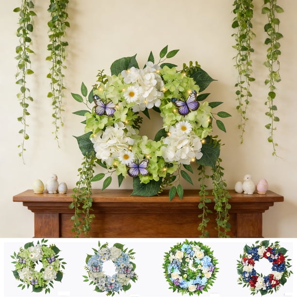 Anillo De Plástico Corona de Pascua azul para puerta de entrada, decoración primaveral con flores artificiales y vegetación (1 unidad) JASKFLY