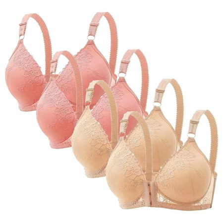 Gnurob 4 Pack Plus Size Seamless Bra for Women Front Closure Bralettes Adjustable Strap Bras Comfort Breathable Underwear Lace Push Up Brassiere Clearance Saving Khaki Medium