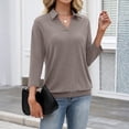 thumbnail image 5 of Polo Shirts for Women Collared V Neck Banded Bottom Long Sleeve Basic Knit Pullover Blouses Light Brown 2XL, 5 of 7