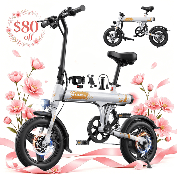 VARUN Electric Bike, 14" Folding EBike for Adults Teens, Peak 500W 36V 280.8Wh Battery, Mini Commuter City Ebike with Rear Shock Suspension up to 20MPH, 25Mile Range,UL2849