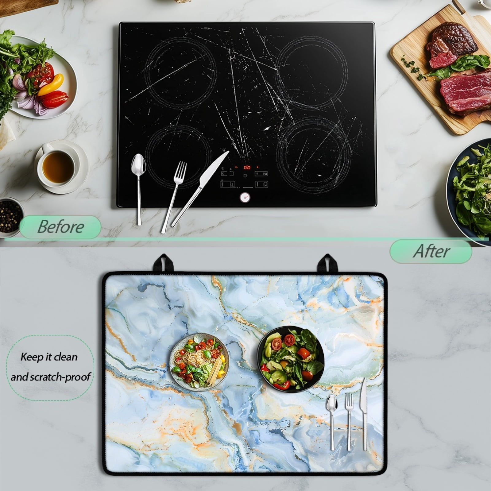 Renewold Stove Top Cover Protector Glass Stove Guard Anti-slip Scratch Resistant Cooktop Protector Range Cover Extra Counter Space, 29'' x 21'', Baby Blue Gold Marble
