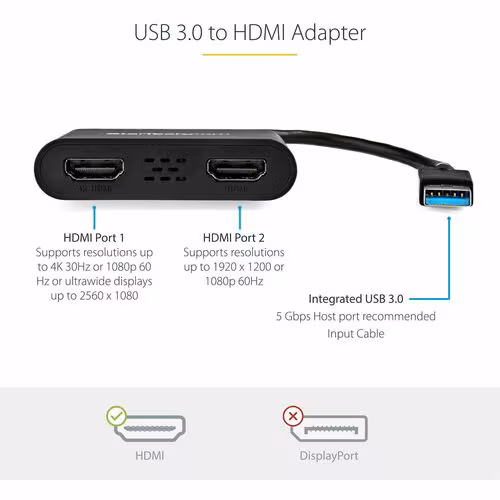 thumbnail image 3 of StarTech.com USB 3.0 to Dual HDMI Adapter, USB to 2x HDMI Monitor Converter for Windows (no support for macOS/ChromeOS/Linux), 3 of 5