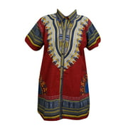 Mogul Men Women Dashiki African Top Blouse Loose Traditional Red Tunic Dress L