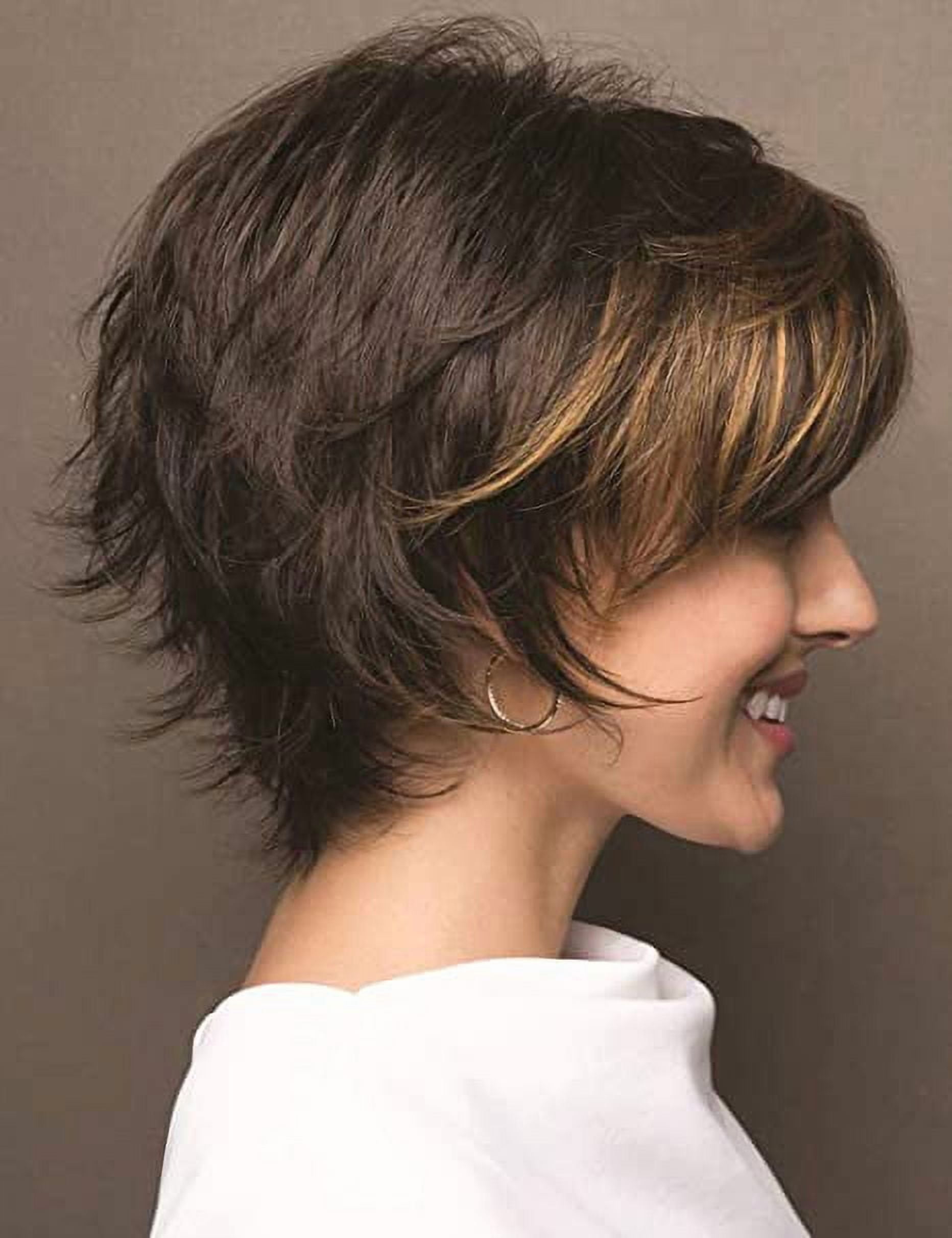 Womens Short Brown Pixie Wig Curly Synthetic Hair with Bangs Natural Wavy Cap