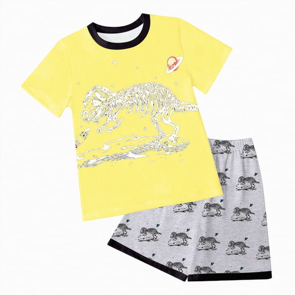 TOWED22 Toddler Kid Boy Clothes Cartoon Dinosaur Print Round Neck Short Sleeve Tee Top Elastic Waist Pattern Cargo Shorts 2pcs Summer Outfits(Yellow,7-8 Y)
