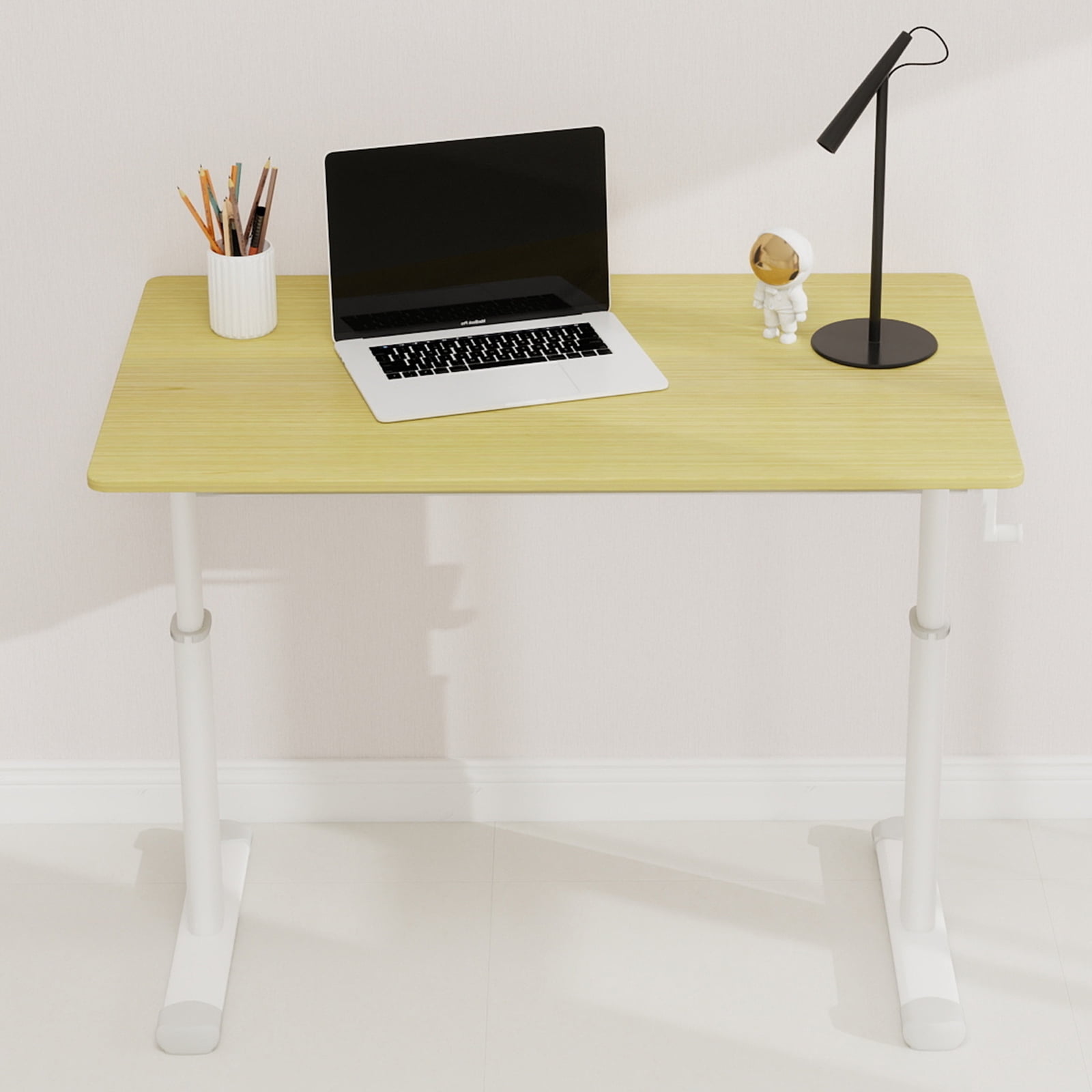39" Small Computer Desk for Home Office,Sit Standing Up Study Writing Table with Height Adjustable,Manual Crank Sit Stand Up Desk,Natural color