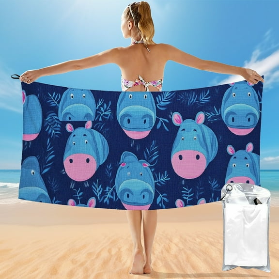 Autua Cute Hippopotamus Beach Towel for Women Men, Sand Free Bath Towel Absorbent Quick Dry Soft Lightweight Blanket Travel Gym Camping, 30x60 in 55x27.5in