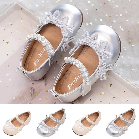 Viluyesy Girls’ Spring Summer Mary Jane Shoes – Pearl-Embellished Floral Bowknot Dress Shoes for Formal, Party, and Everyday Wear Beige Size 11