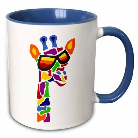 Giraffe Print Mug 3dRose Funny Cool Colorful Giraffe in Sunglasses Original Abstract Art - Two Tone Blue Mug, 11-ounce ()