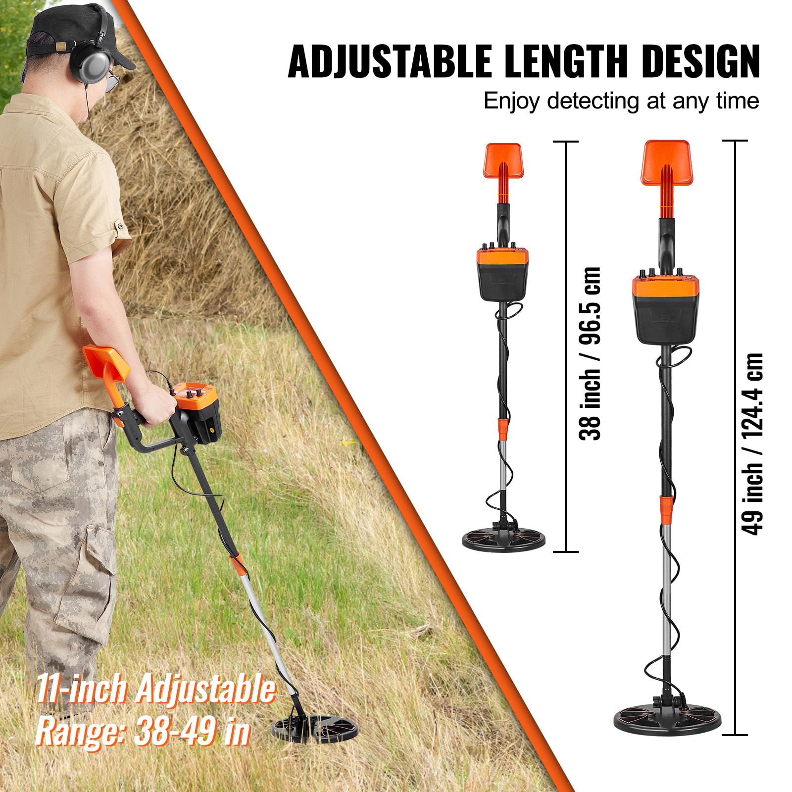 8-Inch Professional Metal Detector with LCD Display, 2 Detection Modes, IP68 Waterproof Coil, Adjustable 38-49" Handle, Headphone & Shovel Included