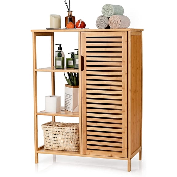 3‑Tier Freestanding Bamboo Bathroom Storage Cabinet, with Open Shelves & Closed Compartments, Multipurpose Floor Organizer for Bathroom, Kitchen and Living Room Storage