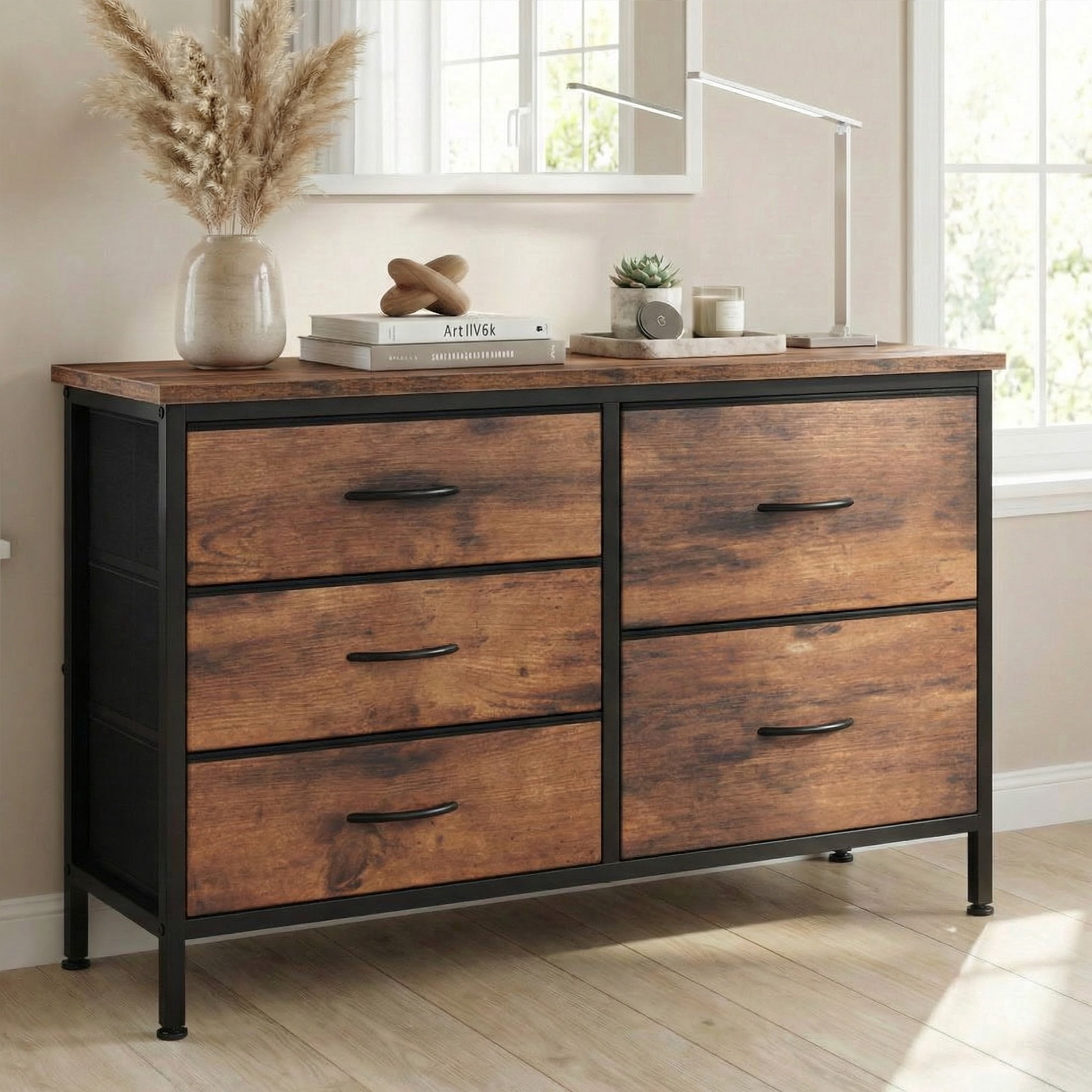 edx 5 Drawer Dresser for Bedroom, 39.4" Fabric Chest of Drawers with Wooden Top, Storage Organizer for Closet, Hallway & Living Room, Rustic Brown