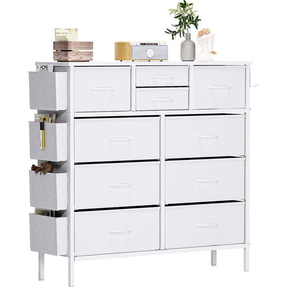 SogesPower Tiroirs de Rangement, Commode en Tissu avec 10 Tiroirs, Commode pour Chambre, Commode avec Poches Latérales Chambre, Unité d'Organisation pour Salon, Blanc