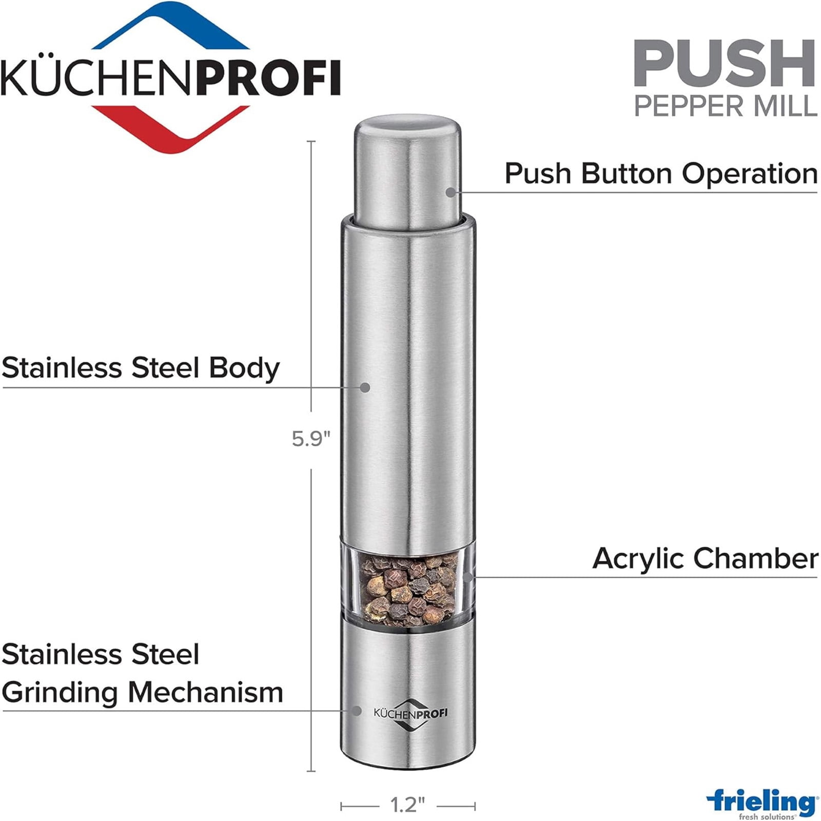 Kuchenprofi Pepper Push Mill Grinder, Stainless & Acrylic