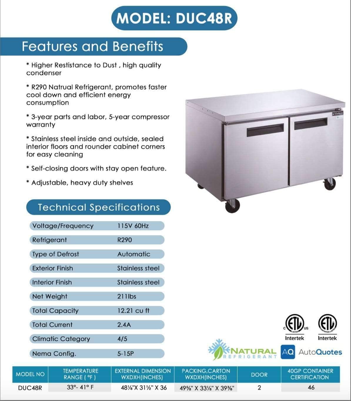 Dukers - DUC48R 2-Door Undercounter Refrigerator in Stainless Steel