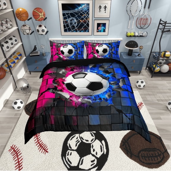 Erosebridal American Soccer Comforter Cover Twin,Ball Gamer Bedding Twin Size,Plaid Buffalo Duvet Cover Twin,Super Cozy Teens Bedroom Decor,Reversible,3pcs(No Comforter)